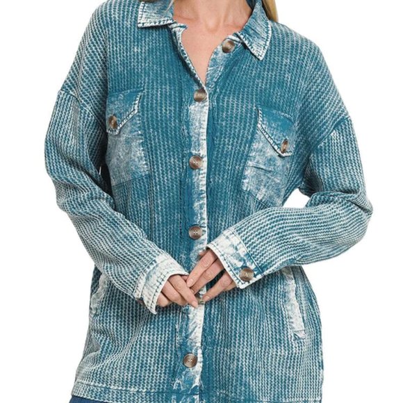 Zenana Cotton Waffle Acid Wash Shacket (New) - Picture 2 of 7